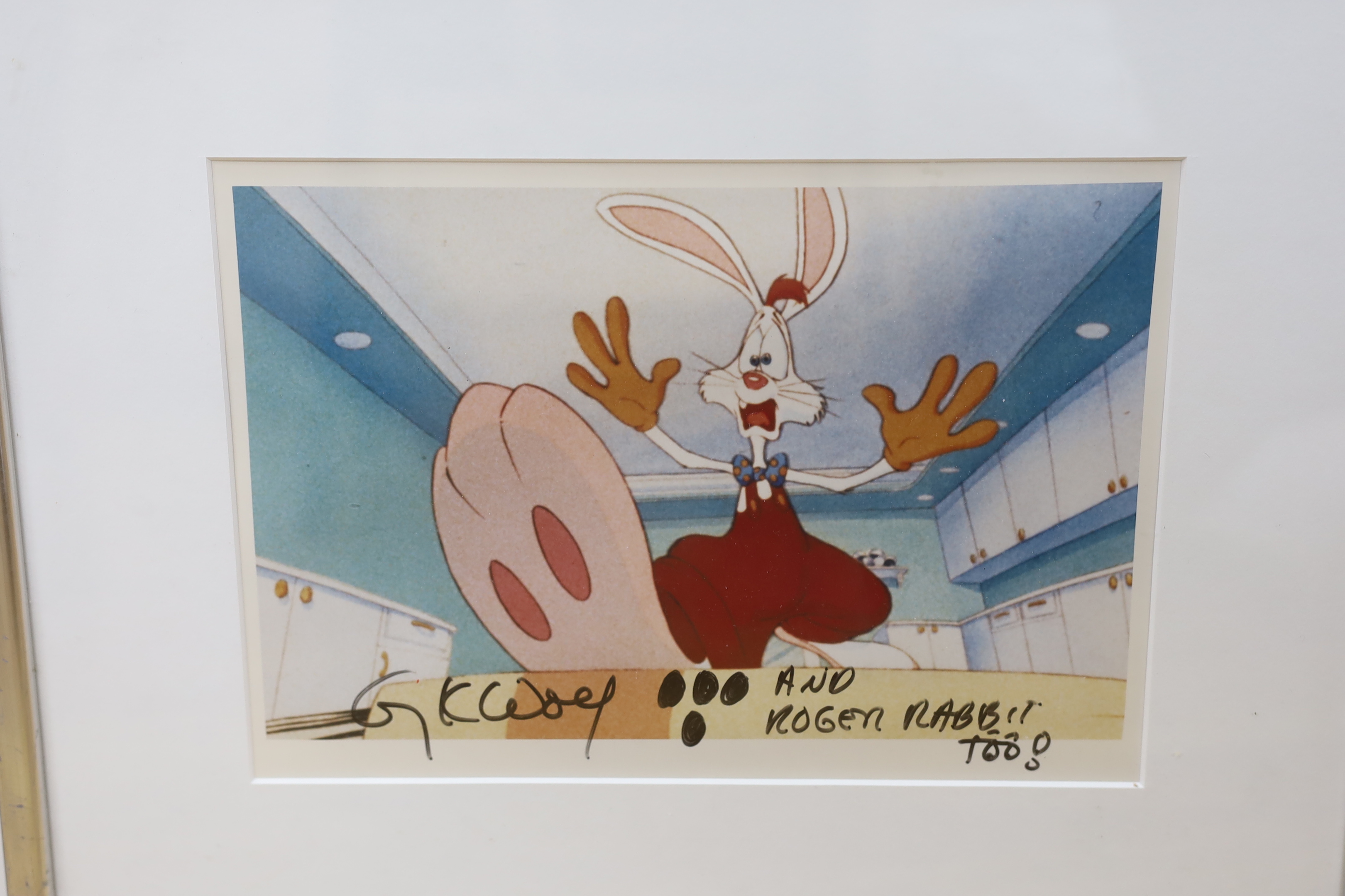 Two American film celluloids, comprising The Pink Panther signed by Friz Freleng and Roger Rabbit, signed by Gary Kay Wolf, details verso, largest 29 x 23cm